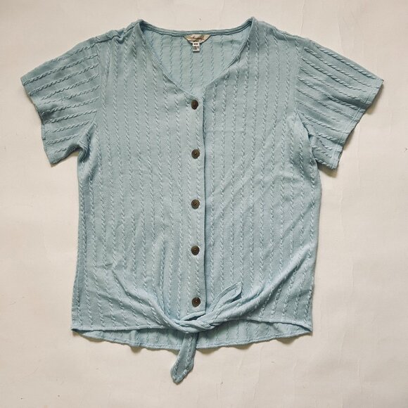 Weatherproof Vintage Short Sleeve V-neck Button Up Tie Front ShIrt Size S Blue - Picture 1 of 9